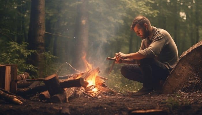 Man Sitting Next to a Camp Fire