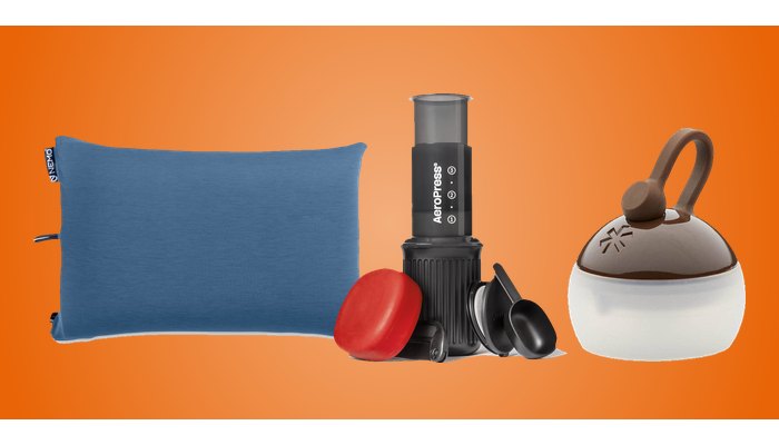 Camping gifts: NEMO Fillo pillow, AeroPress Go coffee press and Snow Peak Mini Hozuki lantern