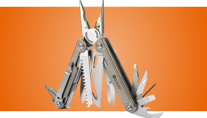 BIBURY 2048DT multi-tool opened out: pliers, saw, knife, scissors, file and drivers, with titanium-alloy handles