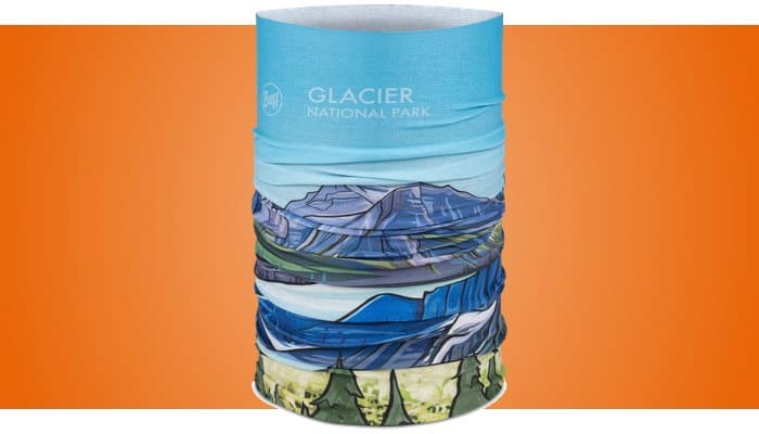 Buff CoolNet UV neck gaiter with a Glacier National Park print