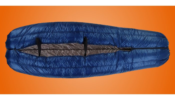 Enlightened Equipment Revelation down quilt in navy, closed and opened flat
