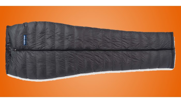 Feathered Friends Flicker UL quilt in graphite gray, zipped into a bag