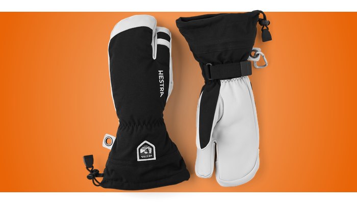 Hestra Army Leather Heli Ski 3-finger gloves in black and white, back and palm