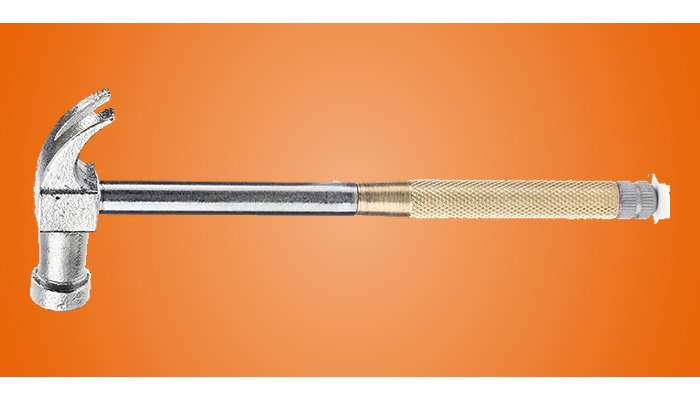 Kikkerland Handy Hammer: a claw hammer head on a knurled brass screwdriver handle