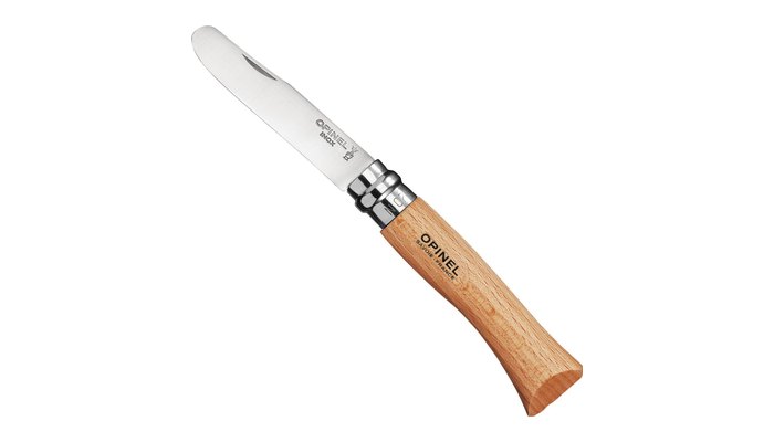 My First Opinel folding knife with a beech handle and rounded-tip blade