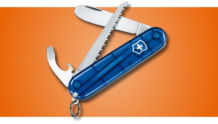 My First Victorinox in blue, opened to show its rounded-tip blade, saw and can opener