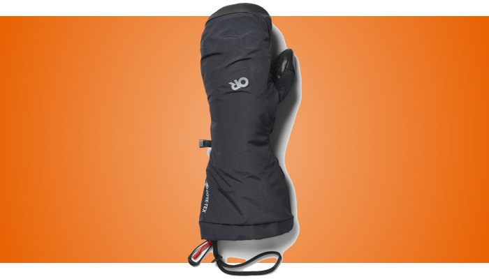 Outdoor Research Alti GORE-TEX mitt in black, with its wrist leash