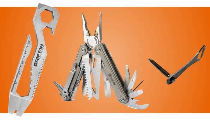 Titanium multi-tools: Griffin Pocket Tool XL, BIBURY 2048DT pliers and CountyComm War Claw